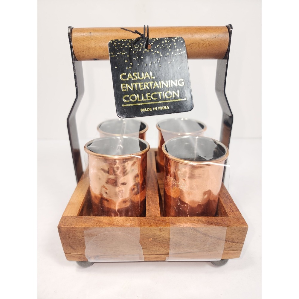 4 Shot Glasses Copper Hammered Vintage With Wooden Caddy and Wooden Handle